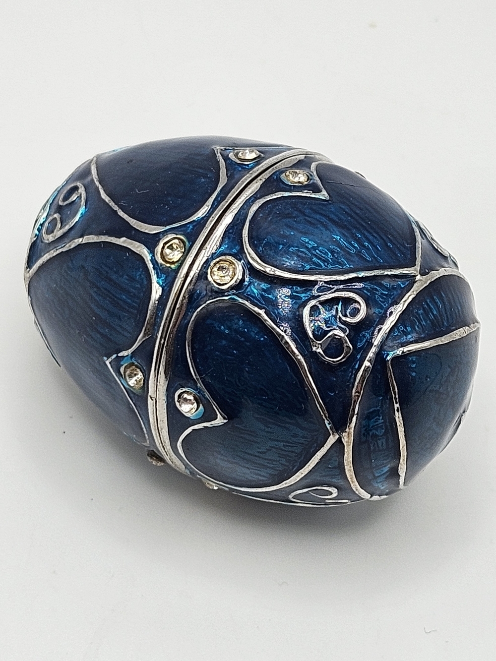 VINTAGE Blue Enamel Rhinestone Heart Silver Tone Egg Shaped Hinged Trinket Box